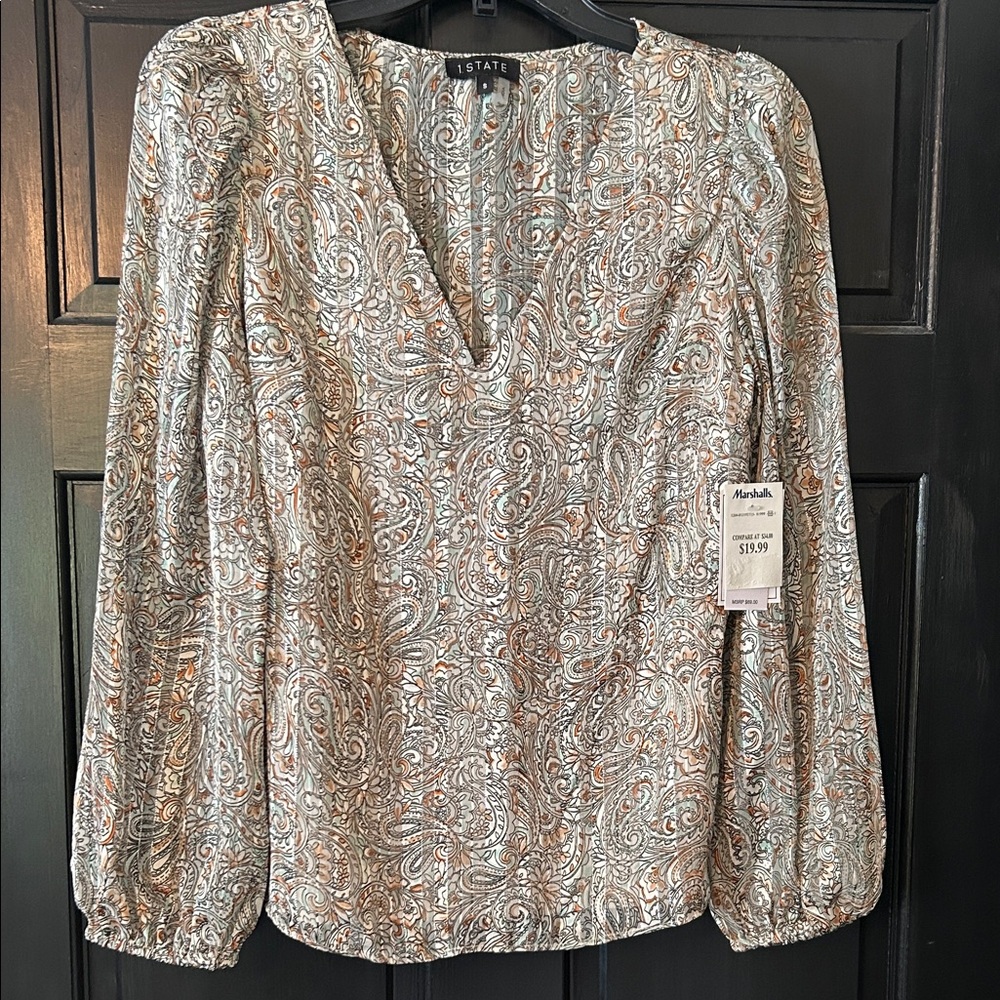 1. State Paisley V-Neck Blouse in Cream, Tan and Light Blue